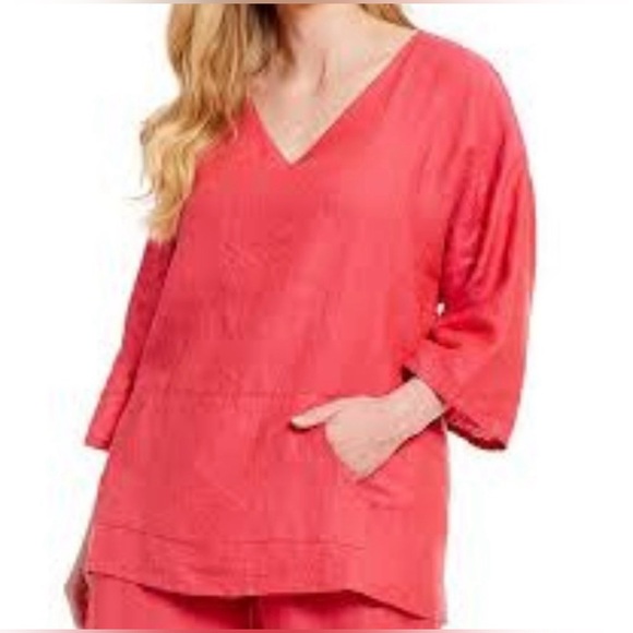 BRYN WALKER Judy Tunic Top Shirt Blouse 100% Linen Burgundy Kangaroo Pocket - Picture 12 of 14